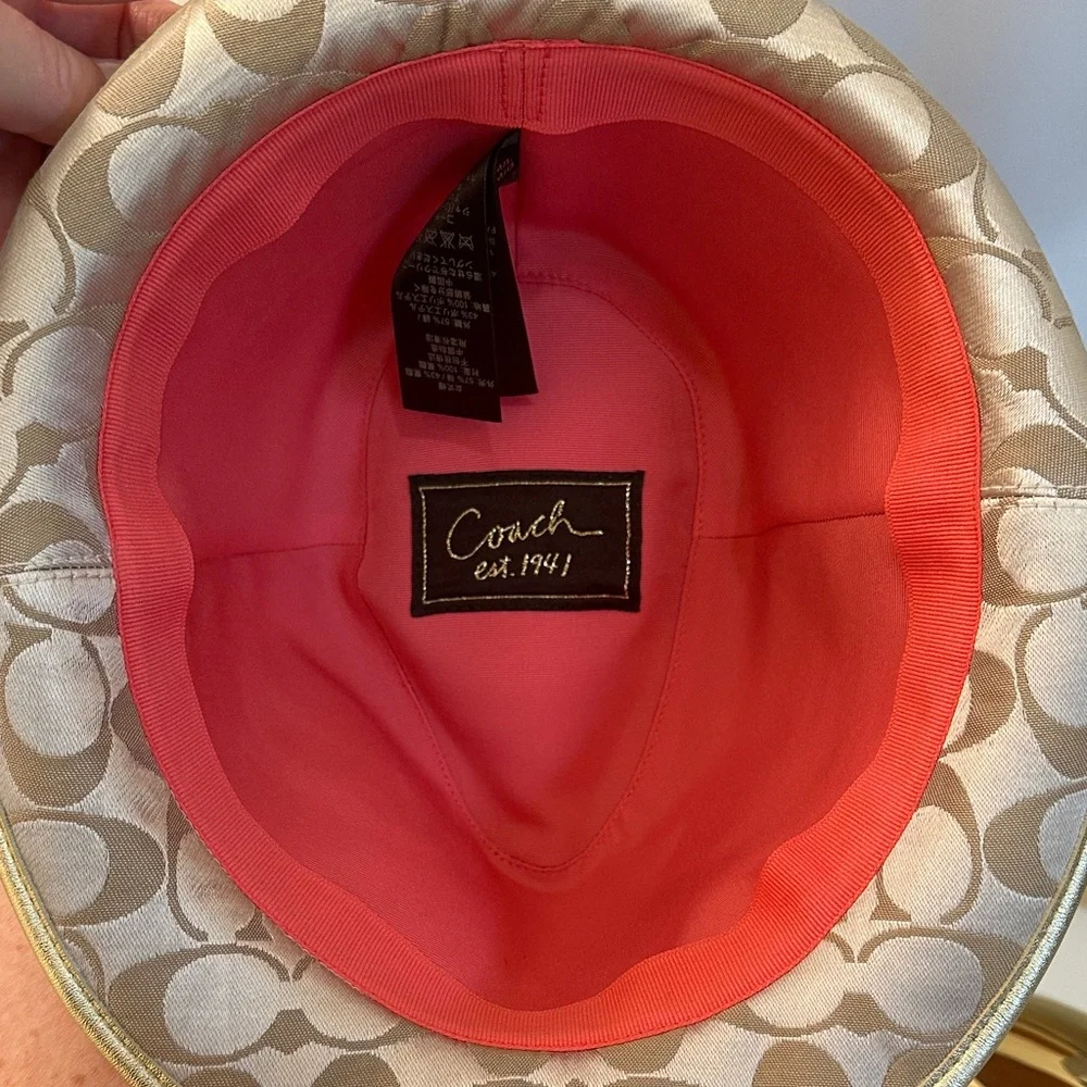 Coach Tan Hat with Floral Embroidery and Red Ribbon - Picture 3 of 4